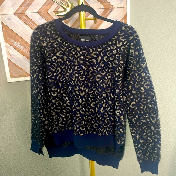 Zara knit animal print navy & gold sweater size Medium - Picture 2 of 8